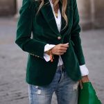 Blazer velours col tailleur bouton unique Vert foncé / S