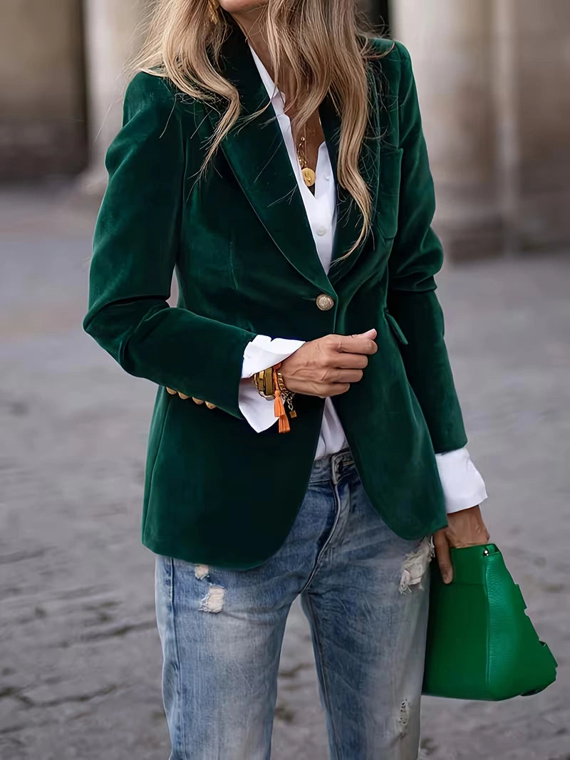 blazer-velours-femme-102oab-1.jpg Blazer velours col tailleur bouton unique Vert foncé / S – Image 1