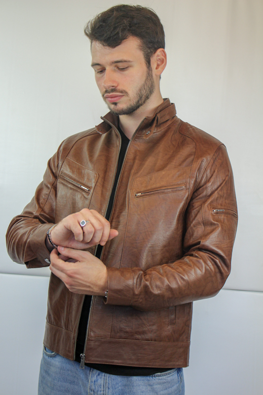 blouson-cuir-201ifp-1.jpg Blouson Milano en Cuir Marron pain brulé Homme style motard – Image 1