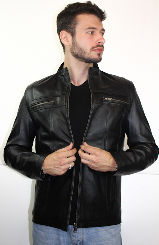 blouson-en-cuir-homme-017gyn-1.jpg Blouson en Cuir d'agneau noir "John" Pour homme – Image 1