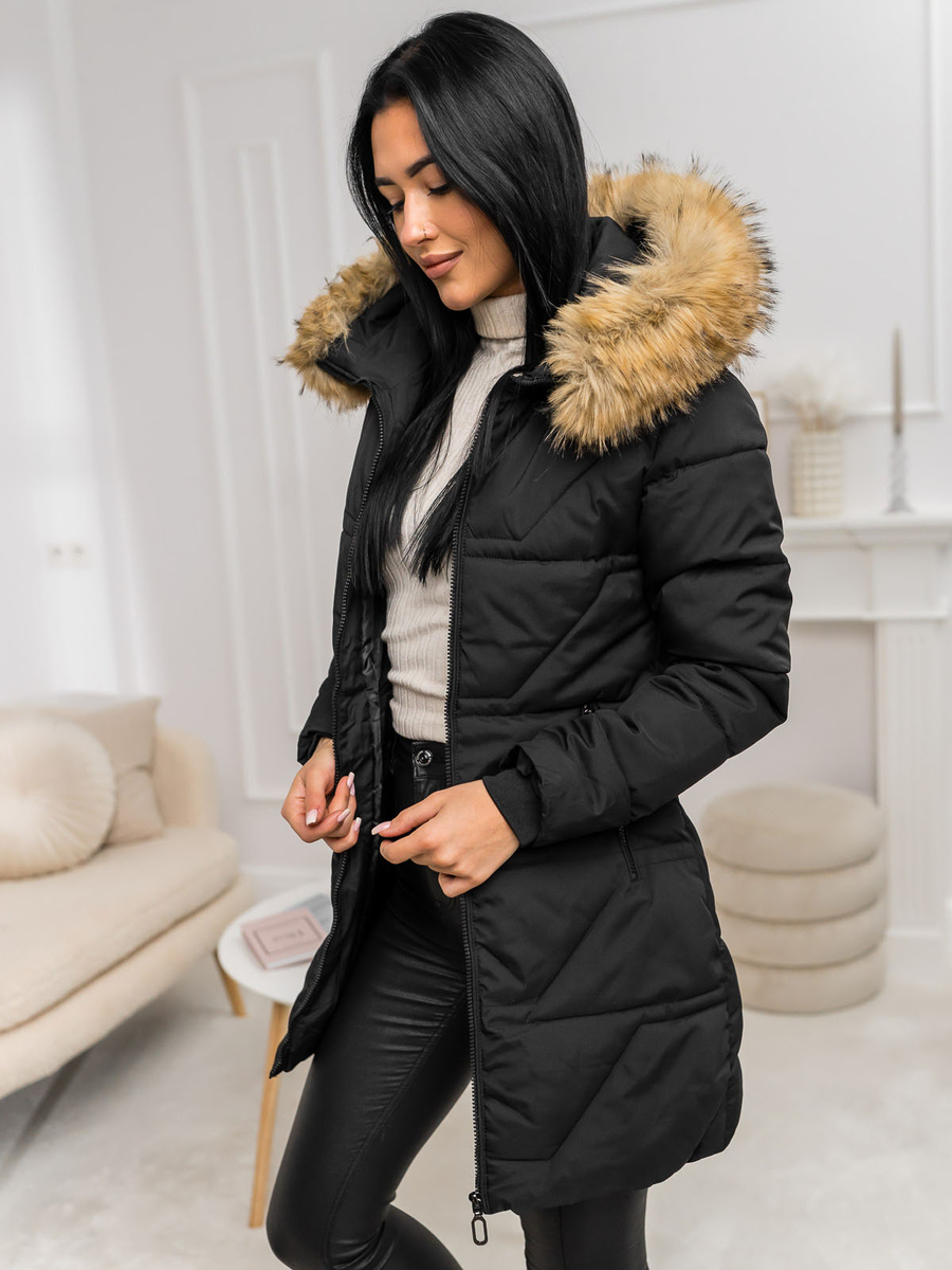 blouson-femme-hiver-740wwt-1.jpg Femme Veste d'hiver avec capuche et fourrure Noir Marron Bolf 16M9099 – Image 1
