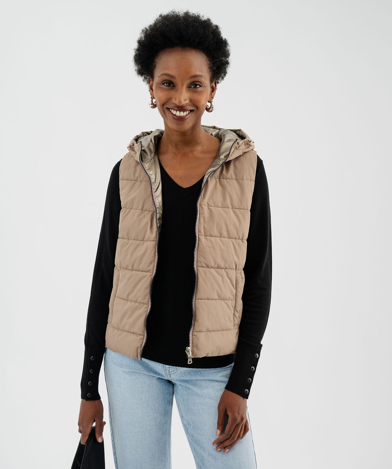 doudoune-beige-femme-295dlv-1.jpg Doudoune sans manches réversible à capuche femme – Image 1