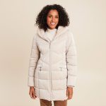 Doudoune mi longue à capuche beige femme