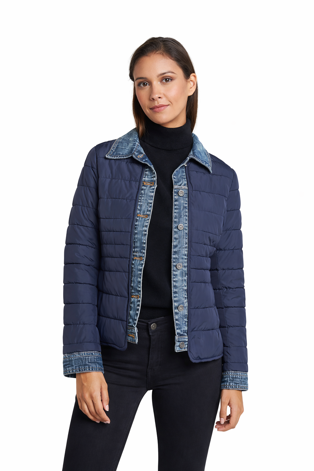doudoune-legere-femme-405tey.png Doudoune légère femme bi matière – Détails denim – Image 1