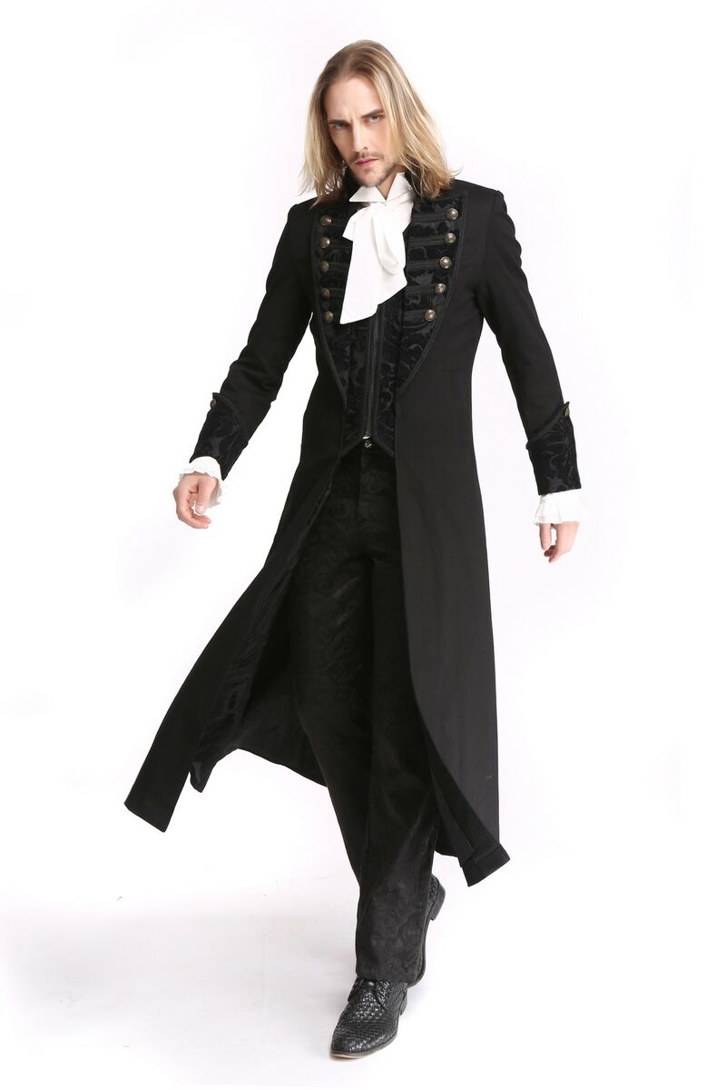 long-manteau-noir-885fpj-1.jpg Long manteau en coton noir style officier pour hommes de pentagramme – Image 1