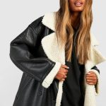 Black Manteau aviateur long à bordure en polaire | Boohoo FR