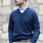 Pull Nico col v en coton avec coudières Marine