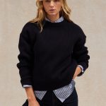 Pull femme col rond bleu marine en côtes anglaises