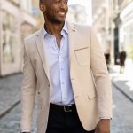Veste blazer beige coudières cognac 46