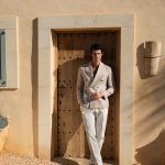 Veste croisée beige en lin, coton et soie Made in Italy