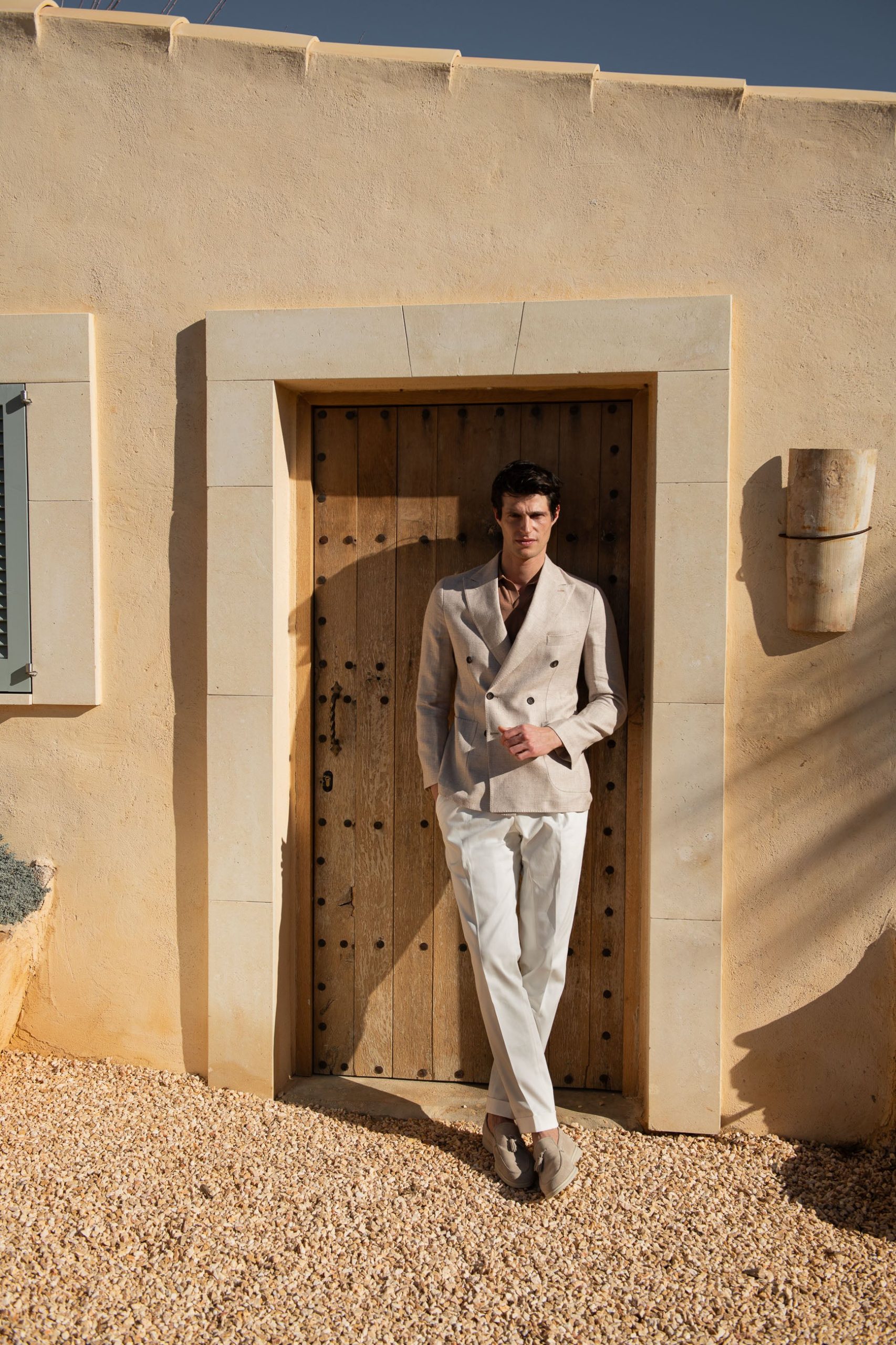 Veste croisée beige en lin, coton et soie Made in Italy – Image 1