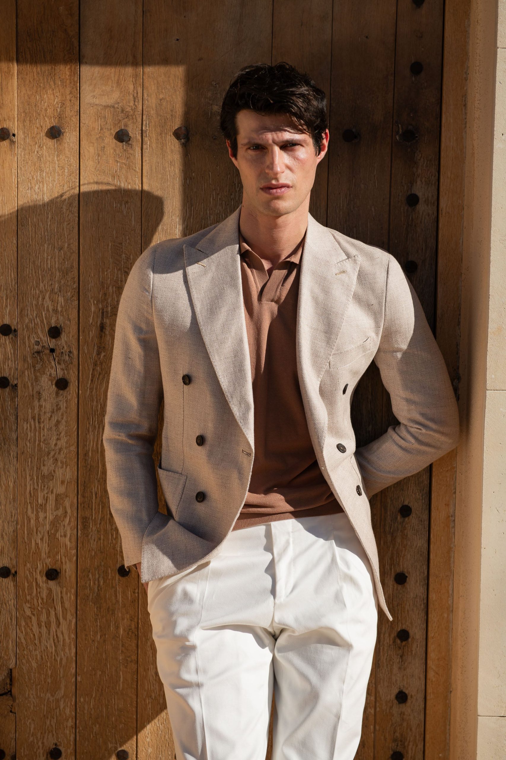 veste-beige-652rdd-1.jpg Veste croisée beige en lin, coton et soie Made in Italy – Image 1