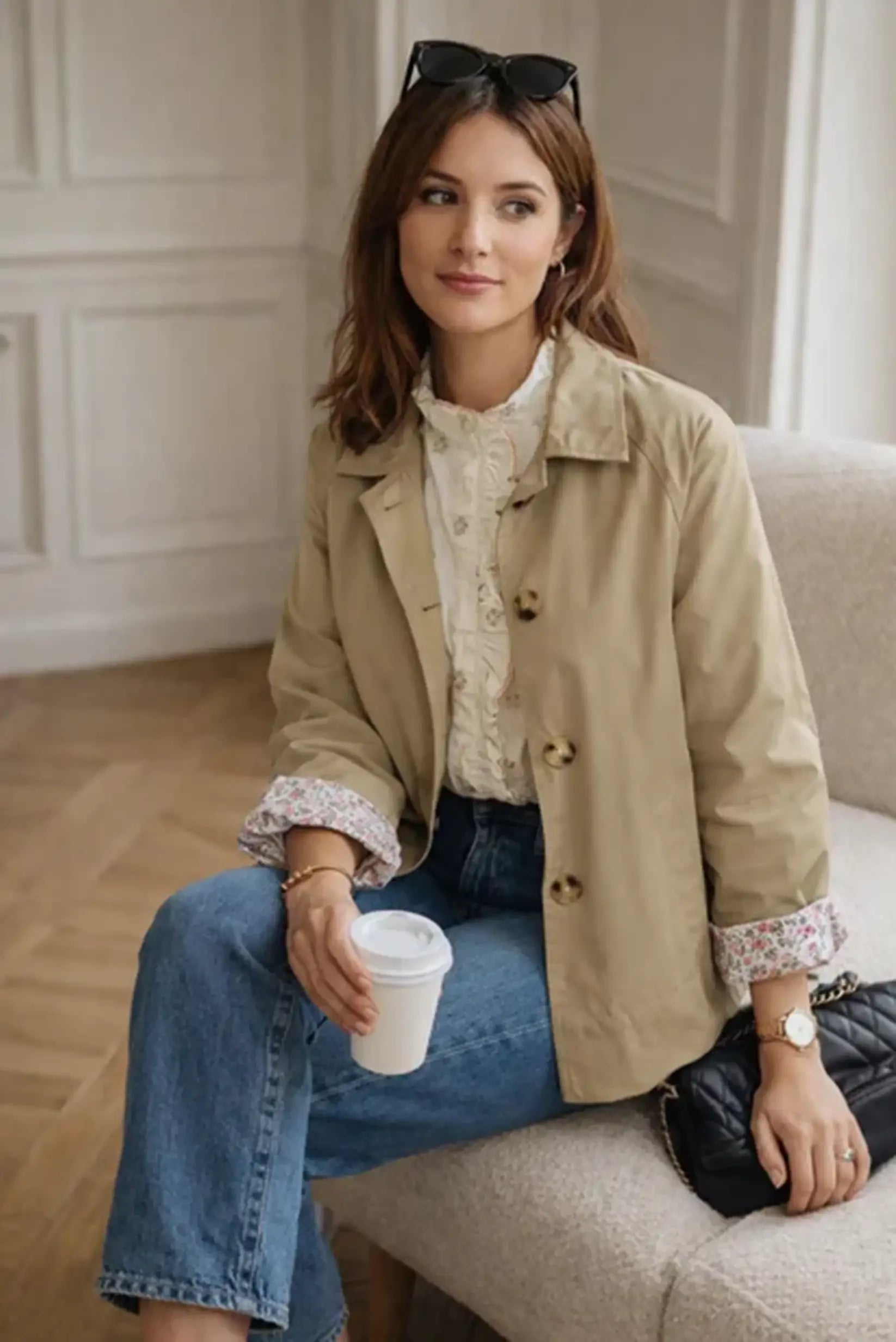 veste-beige-femme-136abk-1.jpg Veste Femme Beige Coton Détail Floral | Printemps – Image 1