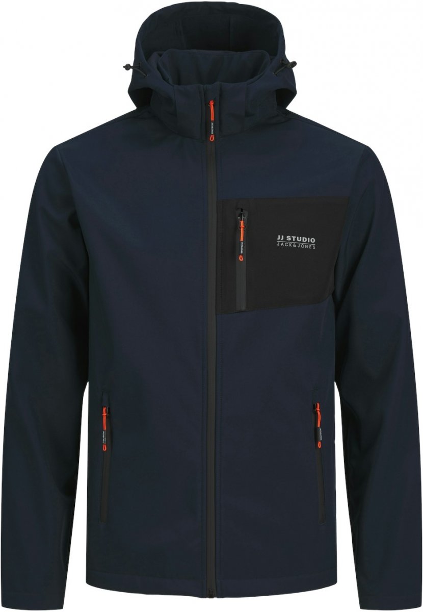 veste-jack-and-jones-085tym-1.jpg Veste Homme Capuche Jack Jones Veste Softshell Homme Jack & Jones – Capuche Ajustable, Poignets Côtelés, Coupe Non Doublée, Style Urbain – Image 1
