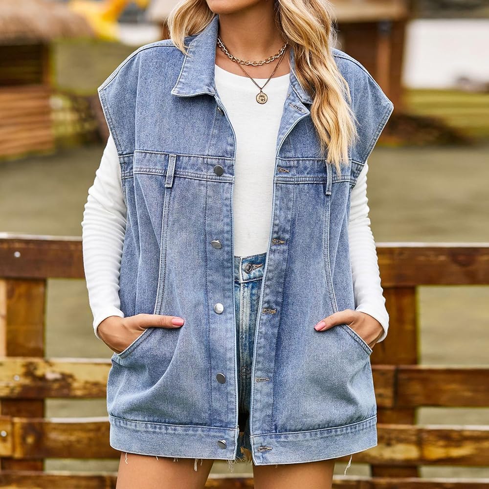 veste-jeans-femme-618vsx-1.jpg Veste en Jean Grande Taille Femmes 2024 Gilet Lavé Boutonné Poches Déchirées : Amazon.fr: Mode – Image 1