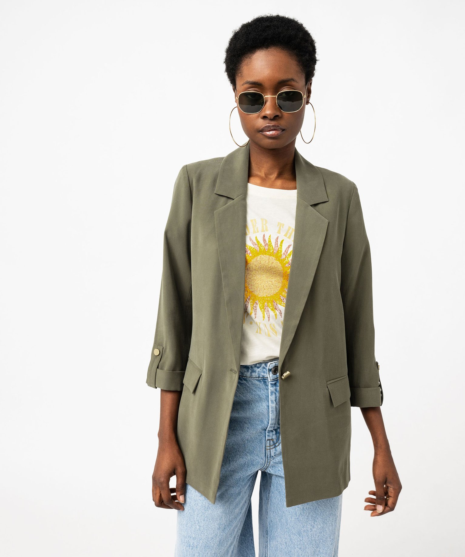 veste-kaki-152cno-1.jpg Veste blazer à manches 3/4 femme kaki | GEMO – Image 1