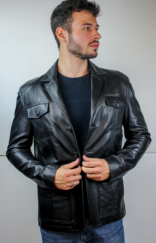 veste-noir-581wcw-1.jpg Veste demi longueur en Cuir Noir Pour Homme – Image 1