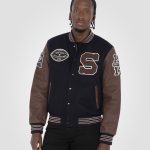 Blouson teddy bleu marine et cordovan, cuir de vachette