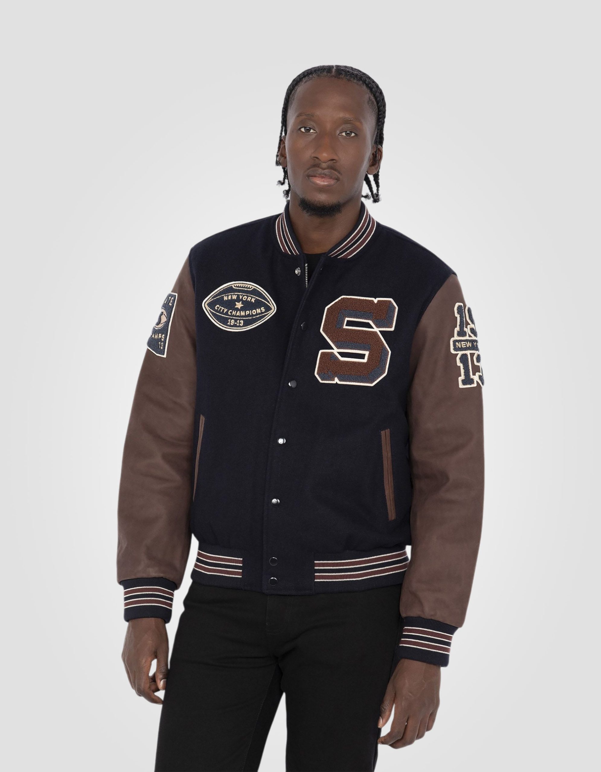 veste-teddy-356dzw-1.jpg Blouson teddy bleu marine et cordovan, cuir de vachette – Image 1